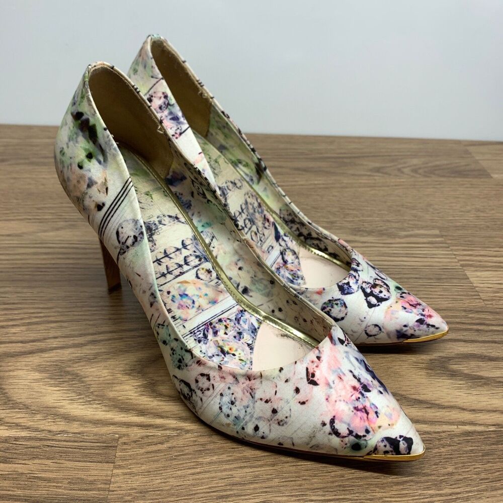 Ted Baker London Womens Sz 39.5 Multi-Color Graphic Floral Stiletto Gold Accent
